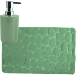 MSV badkamer droogloop mat/tapijt Kiezel motief - 50 x 80 cm - zelfde kleur zeeppompje 260 ml - groen