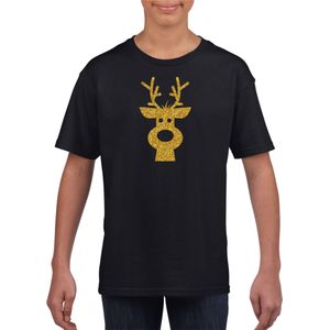 Rendier Hoofd Kerst T-shirt - Zwart met Gouden Glitter Bedrukking - Kinderen