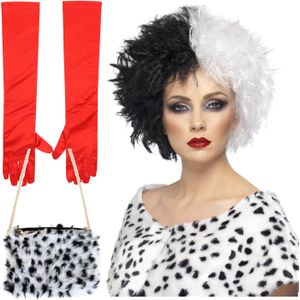 Cruel lady verkleed accessoire set - 3-delig - dalmatier schurk - Pruik en accessoires - Verkleedpruiken