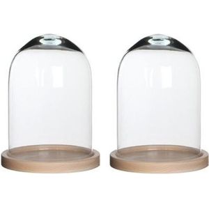 2x Glazen decoratie stolpen Hella op houten plateau 17 x 23 cm - Home Deco stolpen - Woonaccessoires