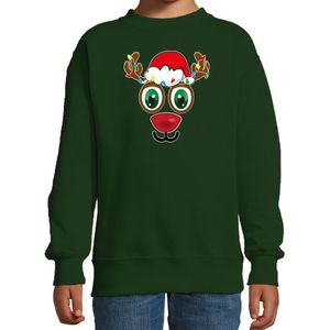 Kersttrui/sweater voor kinderen - Rudolf gezicht - rendier - groen - kerst truien kind