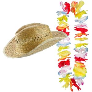 Carnaval verkleed set - Tropische Hawaii party - stro beach hoed - met gekleurde bloemenslinger - Verkleedhoofddeksels