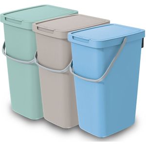 GFT/rest afvalbakken set - 3x - 20L - Beige/groen/blauw - 23 x 29 x 45 cm - afval scheiden - Prullenbakken