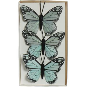 Decoratie vlinders op draad - 3x - blauw - 8 x 6 cm - Hobbydecoratieobject