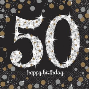 32x stuks 50 jaar verjaardag feest servetten zwart met confetti print 33 x 33 cm - Feestservetten