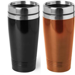 Set van 2x stuks Warmhoudbekers/warm houd bekers metallic zwart en oranje 450 ml