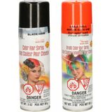 Haarverf/haarspray - 2x - oranje/zwart - spuitbus - 125 ml - Carnaval/Halloween - Verkleedhaarkleuring