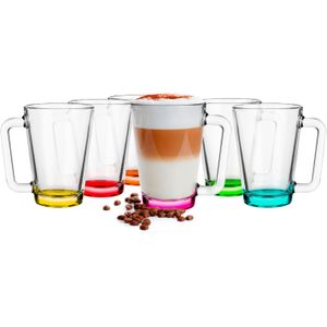 Glasmark Theeglazen/koffie glazen met gekleurde basis - transparant glas - 12x stuks - 300 ml - Koffie- en theeglazen