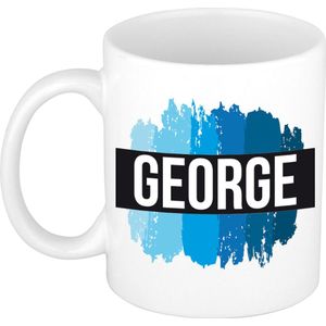 Naam cadeau mok / beker George met blauwe verfstrepen 300 ml - Naam mokken