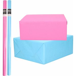 6x Rollen kraft inpakpapier pakket roze en blauw babyshower/geboorte/gender reveal 200 x 70 cm - Cadeaupapier