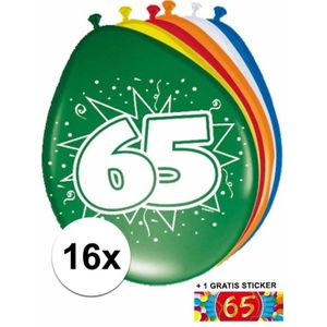 16 party ballonnen 65 jaar opdruk + sticker - Ballonnen