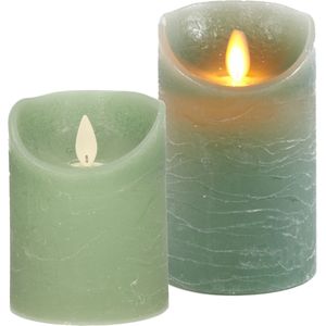 LED kaarsen/stompkaarsen - set 2x - jade groen - H10 en H12,5 cm - bewegende vlam