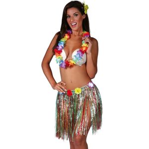 Hawaii verkleed set - voor volwassenen - multicolour - rieten rokje/bloemenkrans/haarclip bloem - Carnavalskostuums