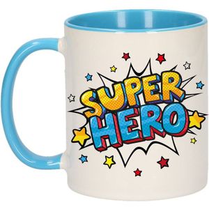 Super hero cadeau koffiemok / theebeker wit en blauw met sterren - 300 ml - keramiek - cadeau mok / bedank mok