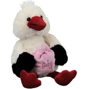 Inware pluche geboorte ooievaar knuffeldier - roze - staand - 21 cm - baby girl - Vogel knuffels