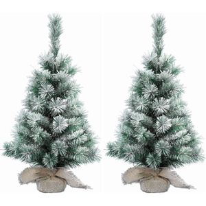 5x Stuks mini kerstboom met sneeuw 60 cm in jute zak - Kunstkerstboom