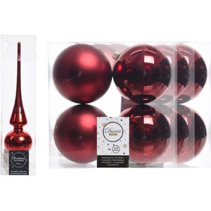 Kerstboom optuigen set rood glazen piek en 12x kunststof ballen 10 cm - Kerstbal