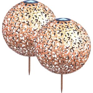 6x Buiten/tuin koperen decoratie bol solar verlichting 28,5 cm - Prikspotjes