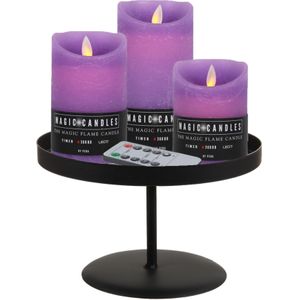 LED kaarsen - 3x st - lavendel paars - met zwart rond dienblad/kaarsenbord 22 cm - metaal