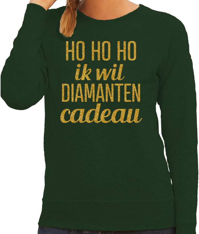 Foute kersttrui/sweater voor dames - Hohoho diamanten cadeau - groen - glitter goud - kerst truien
