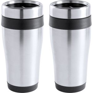 Warmhoudbeker/thermos isoleer koffiebeker/mok - 2x - RVS - zilver/zwart - 450 ml - Reisbeker