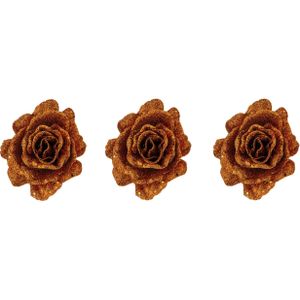 4x stuks decoratie bloemen roos koper glitter op clip 10 cm - Decoratiebloemen/kerstboomversiering/kerstversiering
