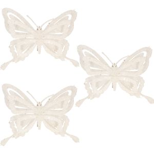 6x Stuks Decoratie Vlinders Op Clip Glitter Wit 14 cm - Bruiloftversiering/Kerstversiering Decoratievlinders