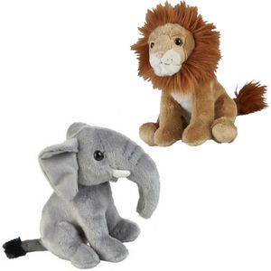 Knuffeldieren set leeuw en olifant pluche knuffels 18 cm - Knuffeldier