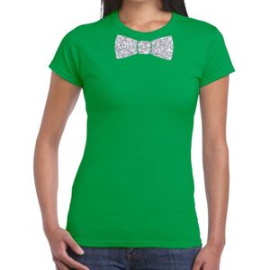 Groen fun t-shirt met vlinderdas in glitter zilver dames - Feestshirts