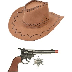 Carnaval verkleed hoed voor een cowboy - bruin - polyester - heren/dames - incl. pistool - Verkleedhoofddeksels