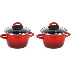 Set van 2x stuks rvs rode kookpan/pan met glazen deksel 16 cm 3 liter - Kookpannen