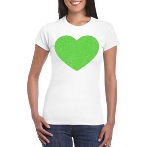 Verkleed T-shirt voor dames - hartje - wit - groen glitter - carnaval/themafeest - Feestshirts