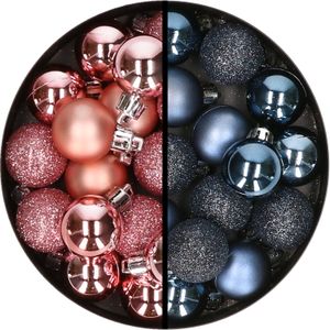 34x stuks kunststof kerstballen roze en donkerblauw 3 cm - Kerstbal