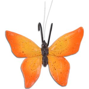 Tuindecoratie bloempothanger vlinder - kunststeen - oranje - 13 x 10 cm - Tuinbeelden