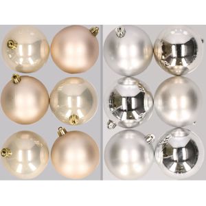 12x stuks kunststof kerstballen mix van champagne en zilver 8 cm - Kerstbal