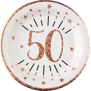Verjaardag feest bordjes leeftijd - 10x - 50 jaar - rose goud - karton - 22 cm - rond - Feestbordjes