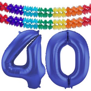 Grote folie ballonnen cijfer 40 in het blauw 86 cm en 2x feestslingers - Ballonnen