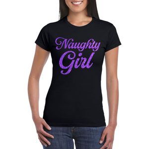 Foute party t-shirt voor dames - Naughty Girl - zwart - glitter - carnaval/themafeest - Feestshirts