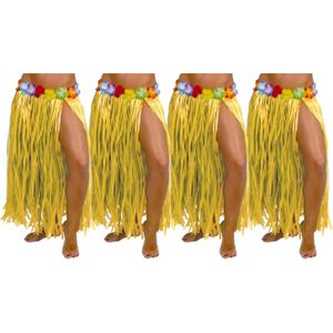 Hawaii verkleed rokje - 4x - voor volwassenen - geel - 75 cm - rieten hoela rokje - tropisch - Carnavalskostuums