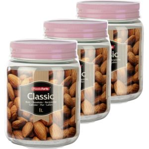 Set van 4x stuks kunststof keuken voorraadpot/weckpot oud roze 1 liter met deksel - Formaat: 11 x 14 cm