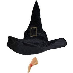 Carnavalskleding heksen accessoires heksenhoed en heksenneus met wrat voor dames/volwassenen - Verkleedattributen