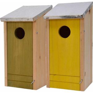 Set van een geel en groen houten vogelhuisjes 26 cm - Vogelhuisjes