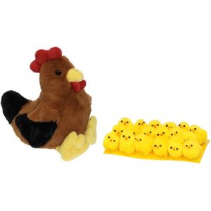 Pluche bruine kippen/hanen knuffel van 25 cm met 18x stuks mini kuikentjes 3 cm - Feestdecoratievoorwerp