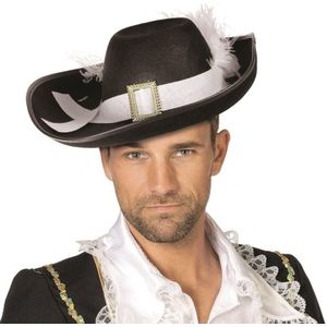 Zwarte hoed met witte veer - Verkleedhoofddeksels