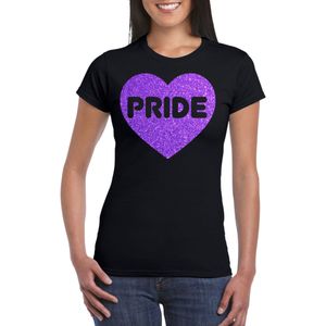 Gay Pride T-shirt voor dames - pride - paars glitter hartje - zwart - LHBTI - Feestshirts