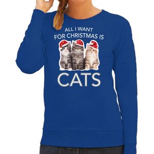 Kitten Kerst sweater / outfit All I want for Christmas is cats blauw voor dames - kerst truien