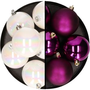 Kerstballen - 12x st - 8 cm - parelmoer wit en paars - kunststof - Kerstbal