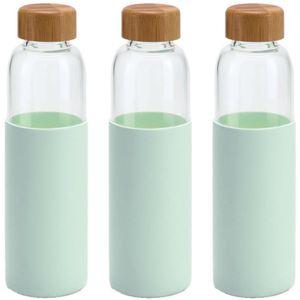 3x Stuks glazen waterfles/drinkfles met mint groene siliconen bescherm hoes 600 ml - Drinkflessen