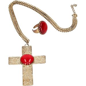 Feest Sinterklaasketting/Sinterklaasring verkleedaccessoire goud met kruis en rode stenen voor heren - Verkleedsieraden