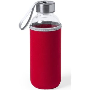 Glazen waterfles/drinkfles met rode softshell bescherm hoes 420 ml - Drinkflessen